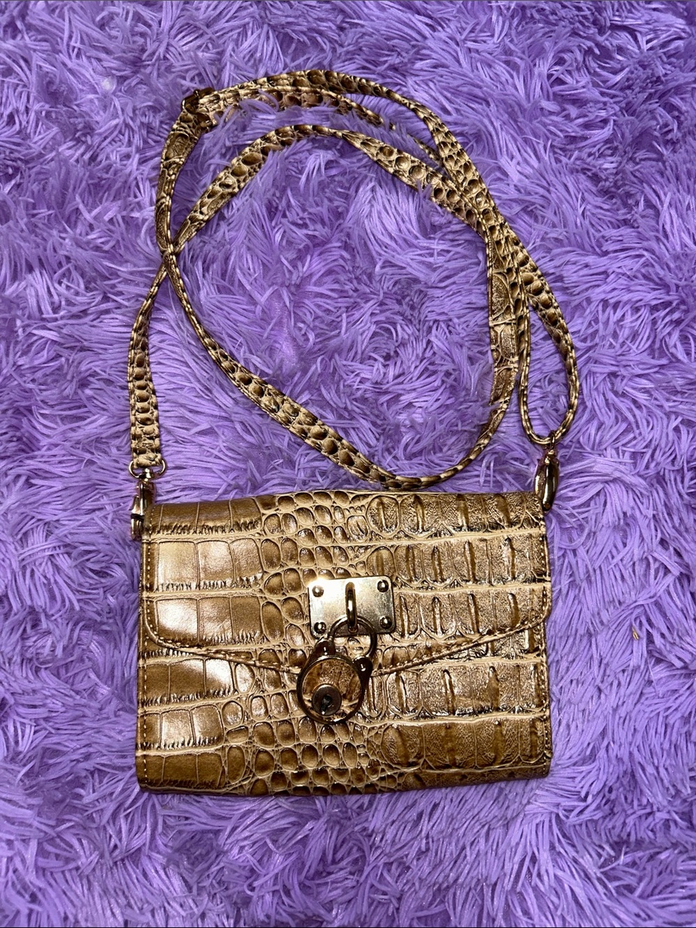 Gold Croc-Embossed Leather Crossbody Bag